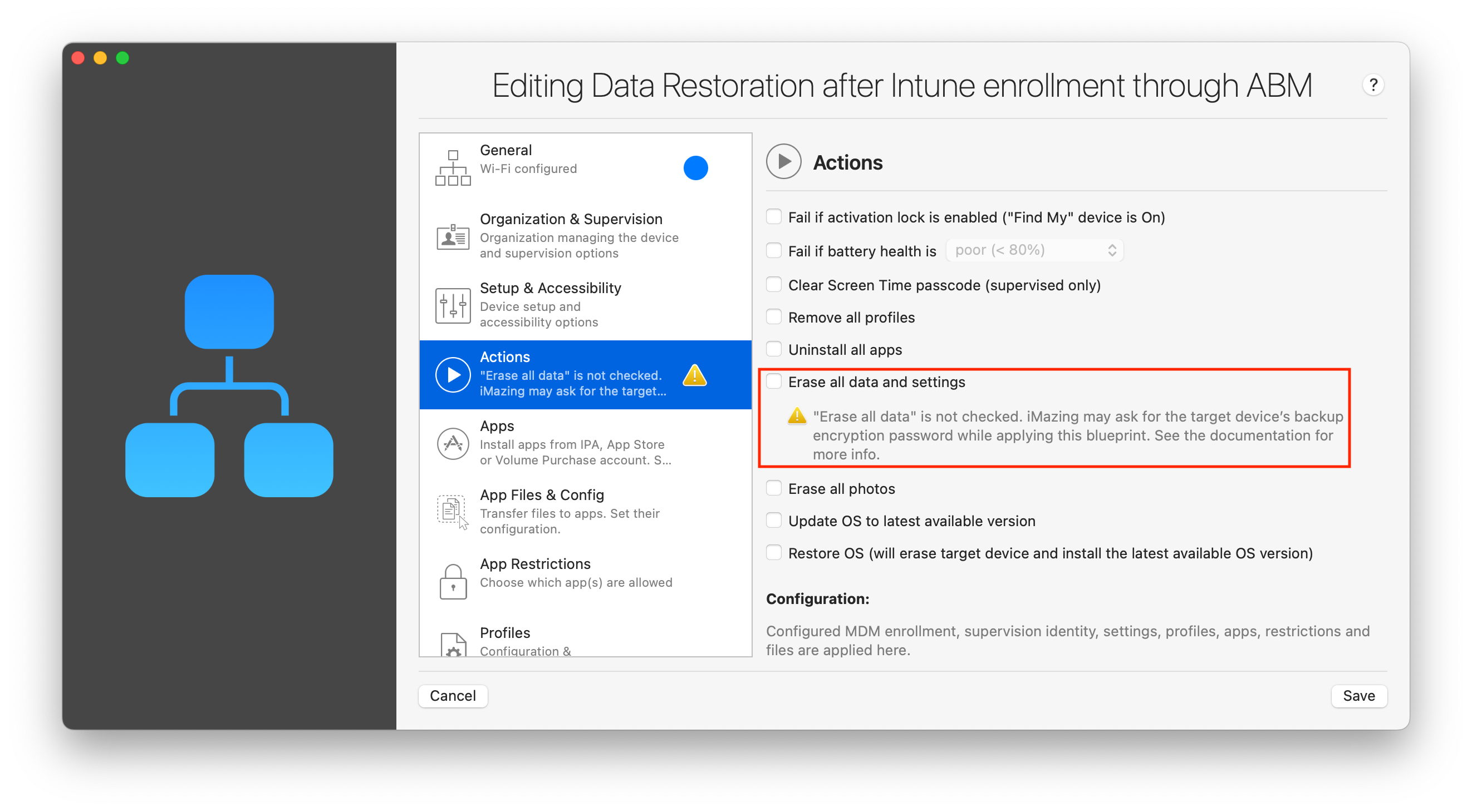 iMazing Configurator, Blueprint Editor, No Erase Warning