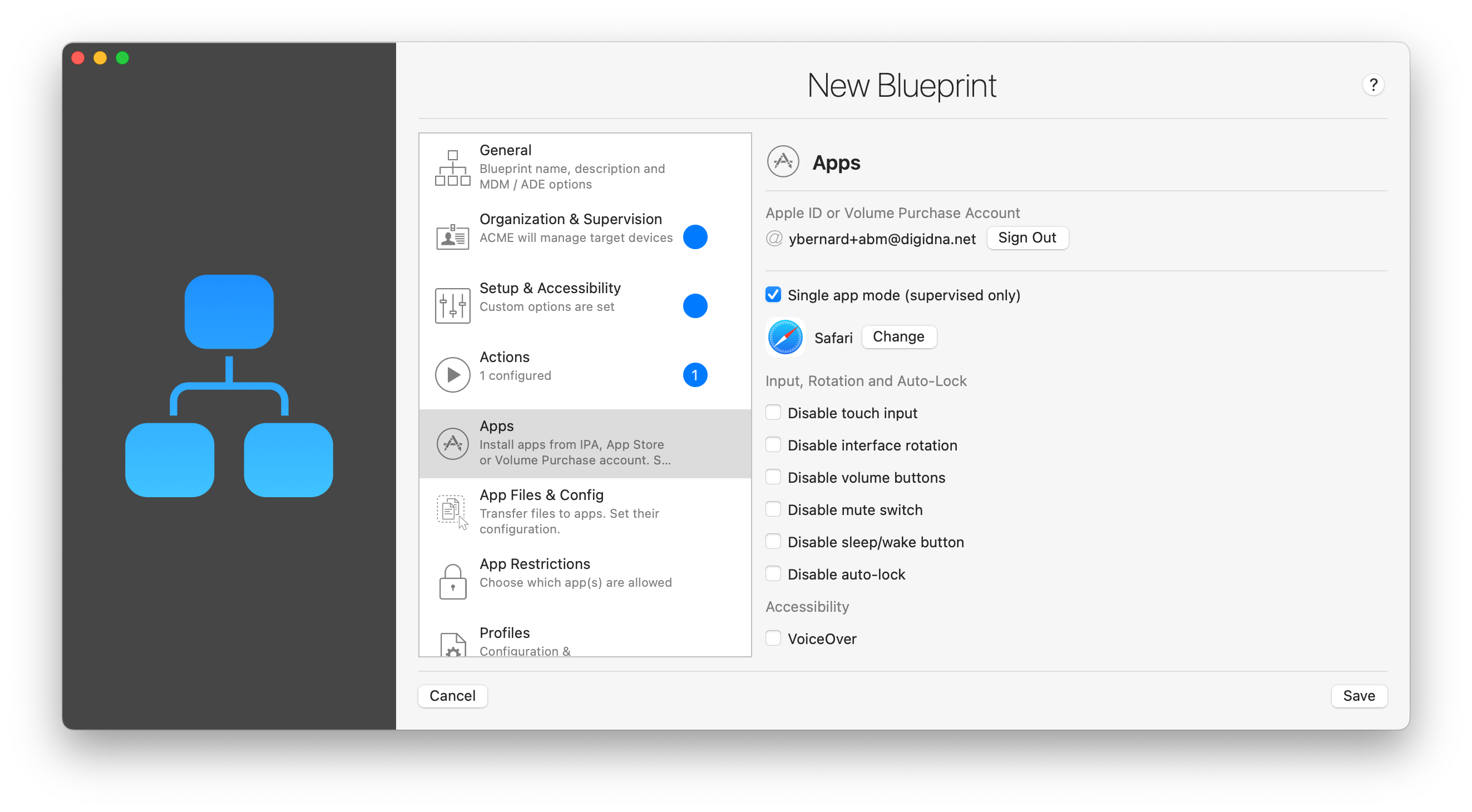 iMazing Configurator, Blueprint Editor Apps Section, Kiosk Mode Options