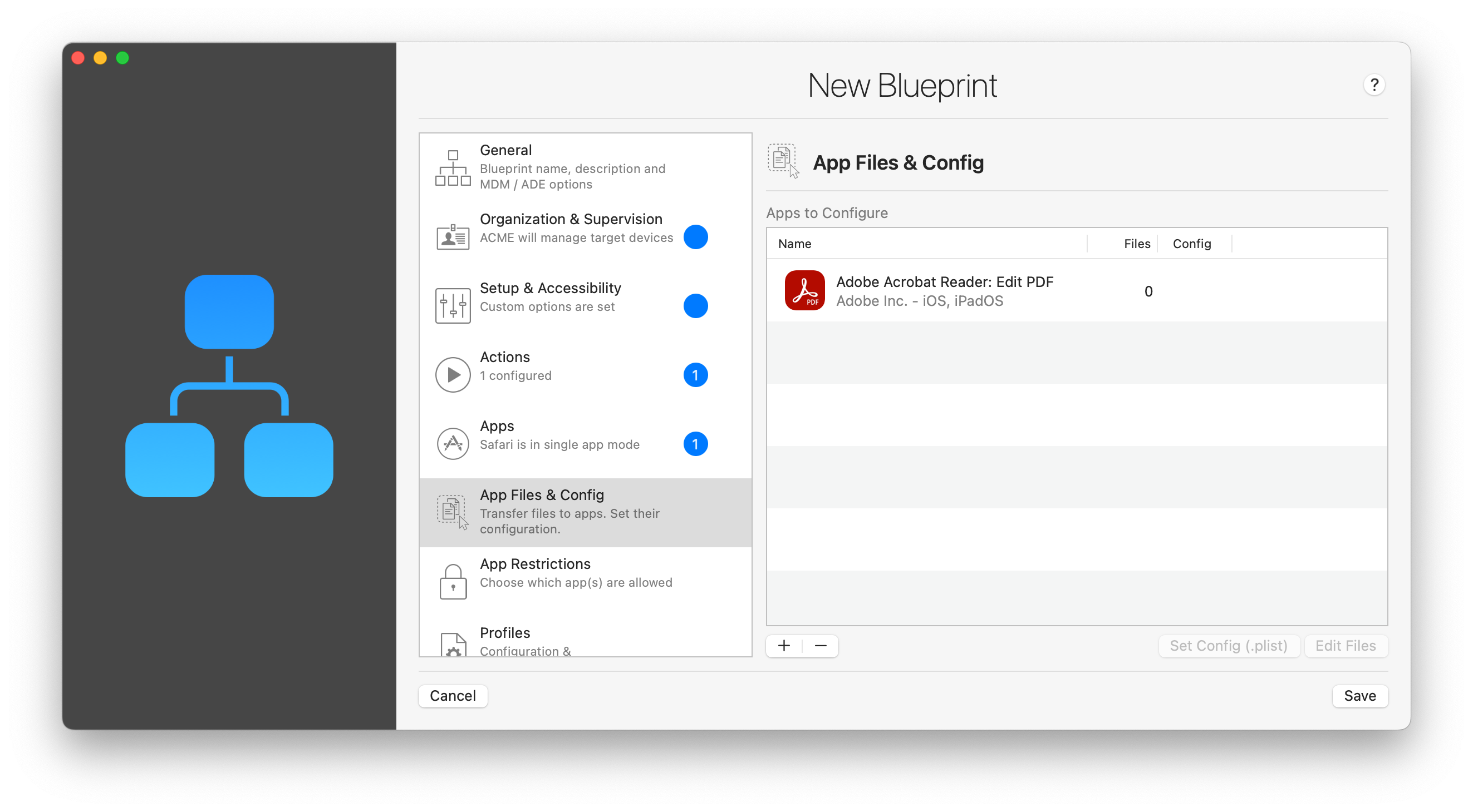 iMazing Configurator, Blueprint Editor App Files & Config Section