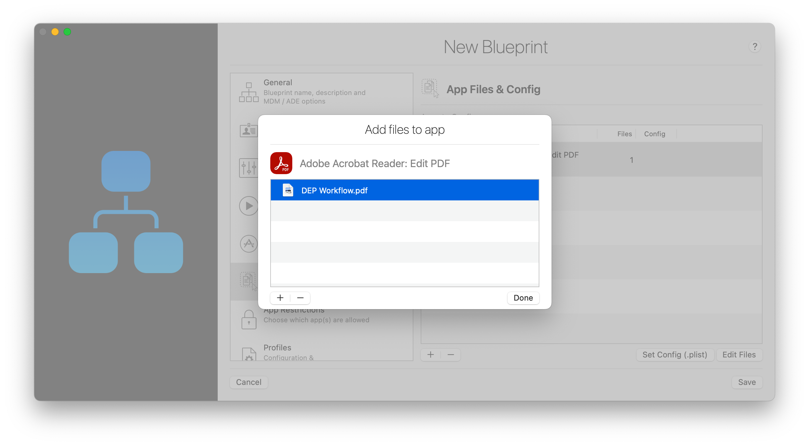 iMazing Configurator, Blueprint Editor App Files & Config Section, Adding Files