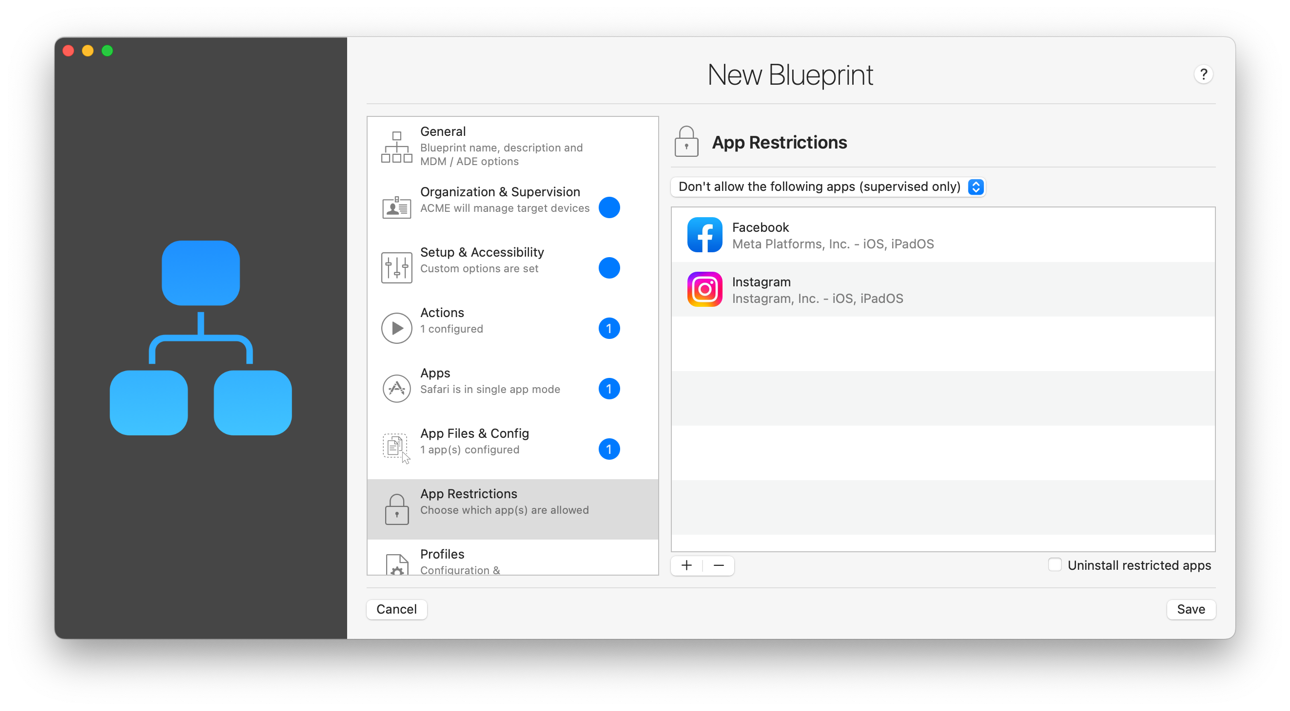 iMazing Configurator, Blueprint Editor App Restrictions Section