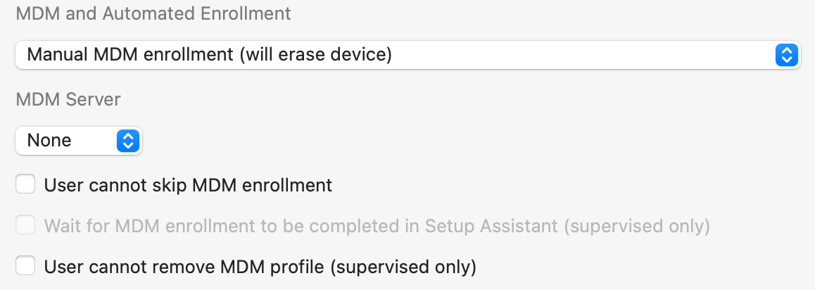 iMazing Configurator, Blueprint Editor General Section, Manual MDM Enrollment Options