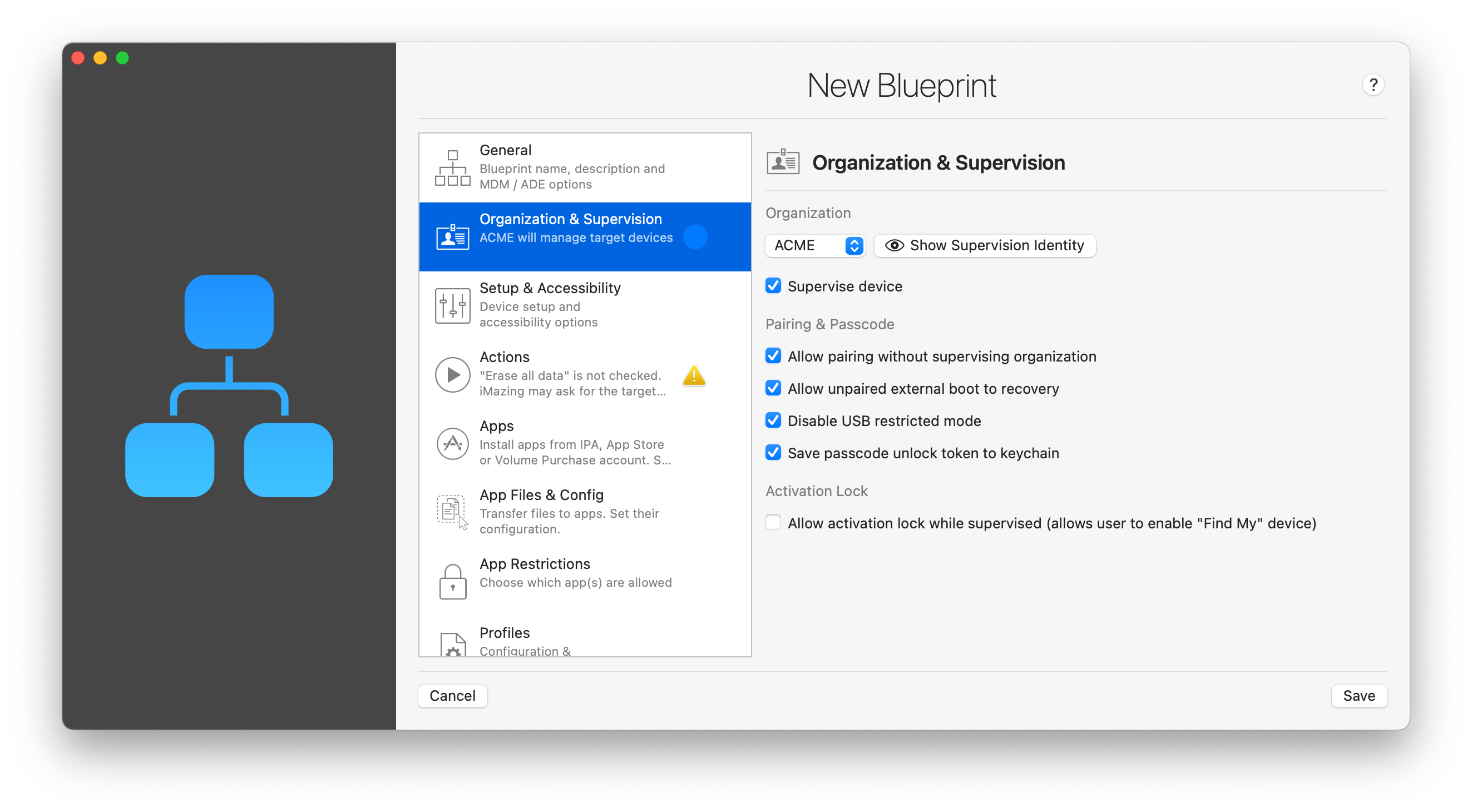 iMazing Configurator, Blueprint Editor Organization & Supervision Section