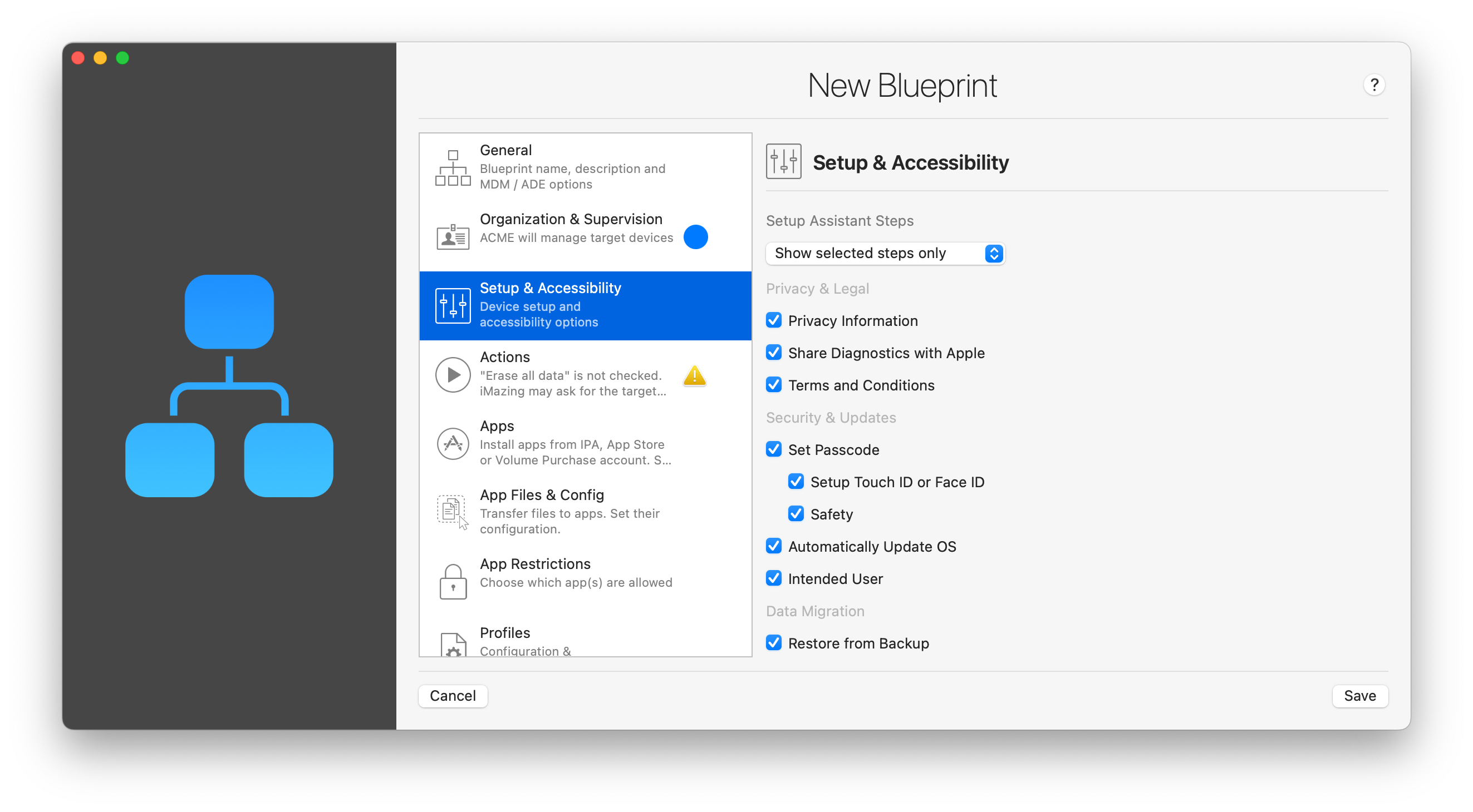 iMazing Configurator, Blueprint Editor Setup & Accessibility Section, Setup Assistant Steps