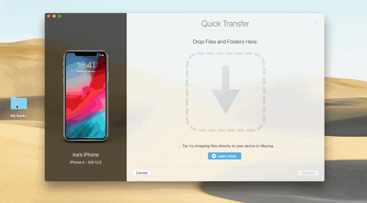 Quick Transfer in iMazing, drag and drop GIF