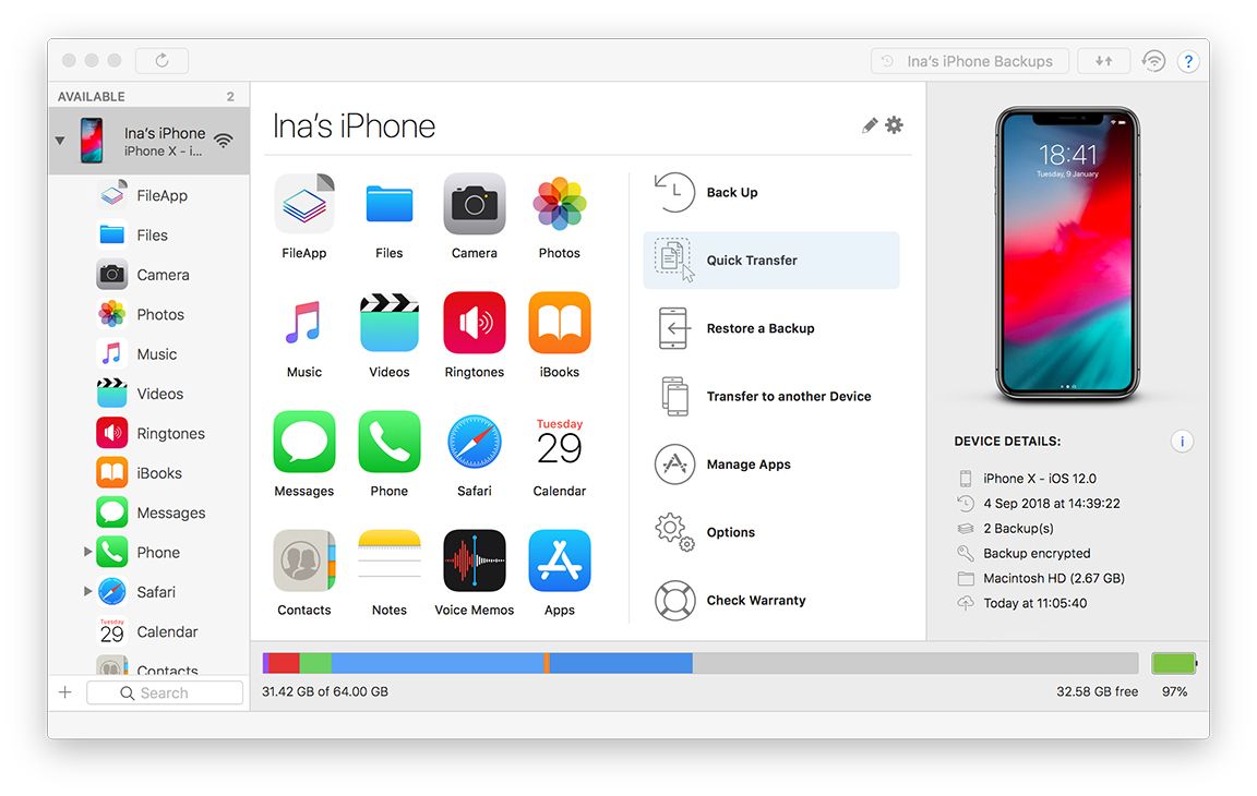 Quick Transfer action button in iMazing