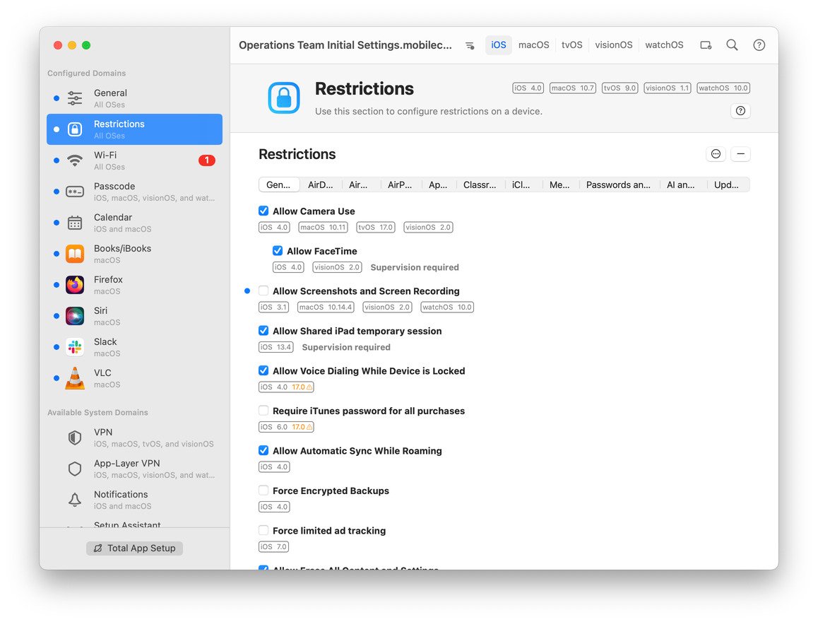 iMazing Profile Editor Screenshot – Platform Filters Visible