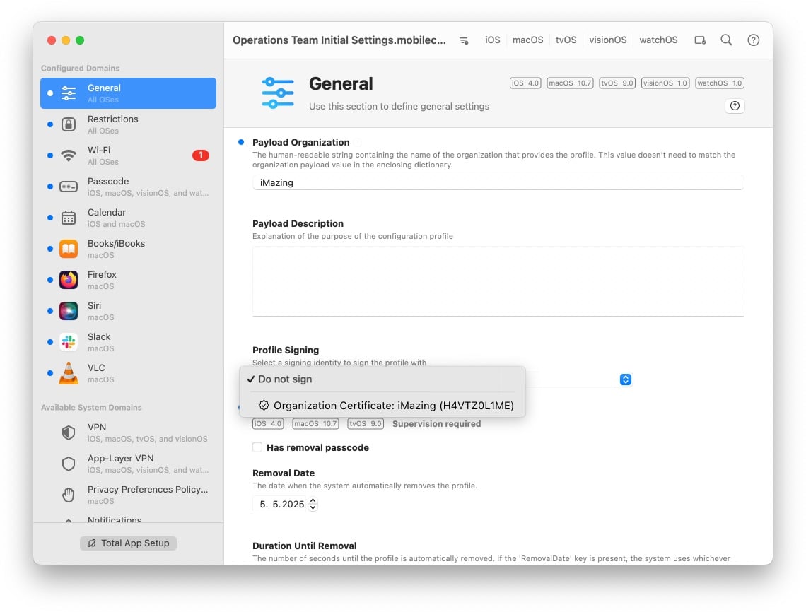 iMazing Profile Editor Screenshot – Signing profiles