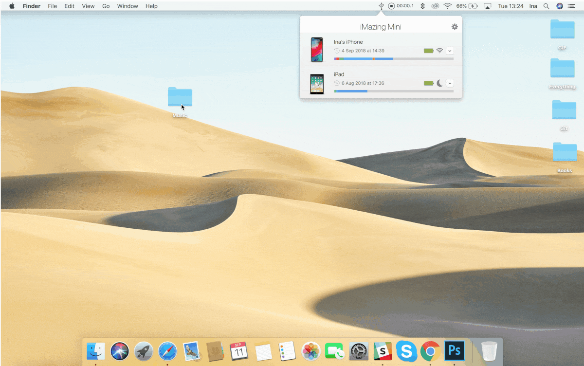 Quick Transfer in iMazing Mini, drag and drop GIF