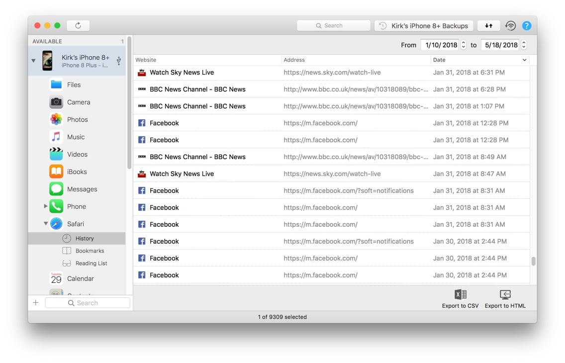 iMazing Safari History View
