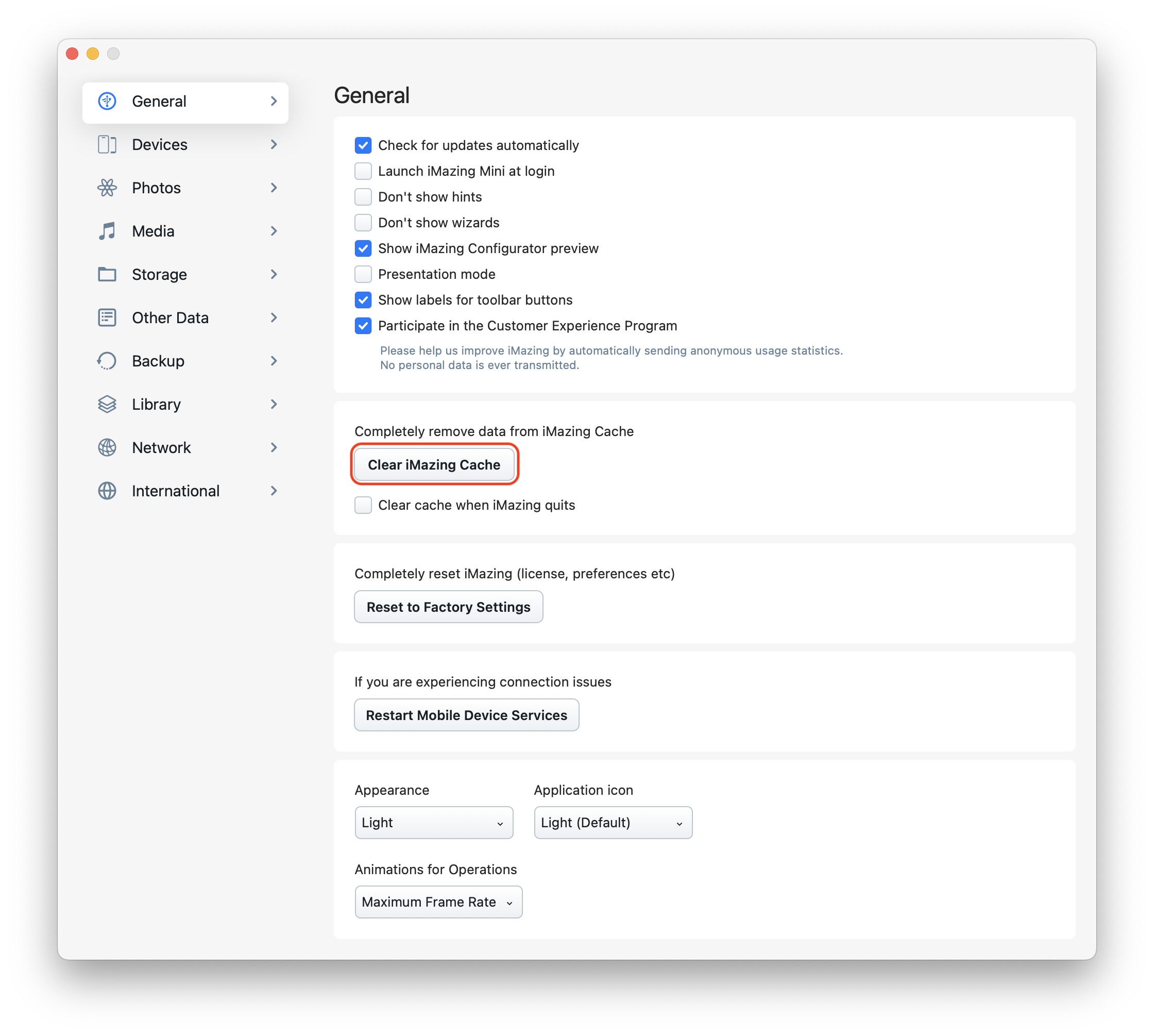 iMazing General preferences